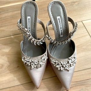 Manolo Blahnik Grey Lurum Crystal Satin Mules